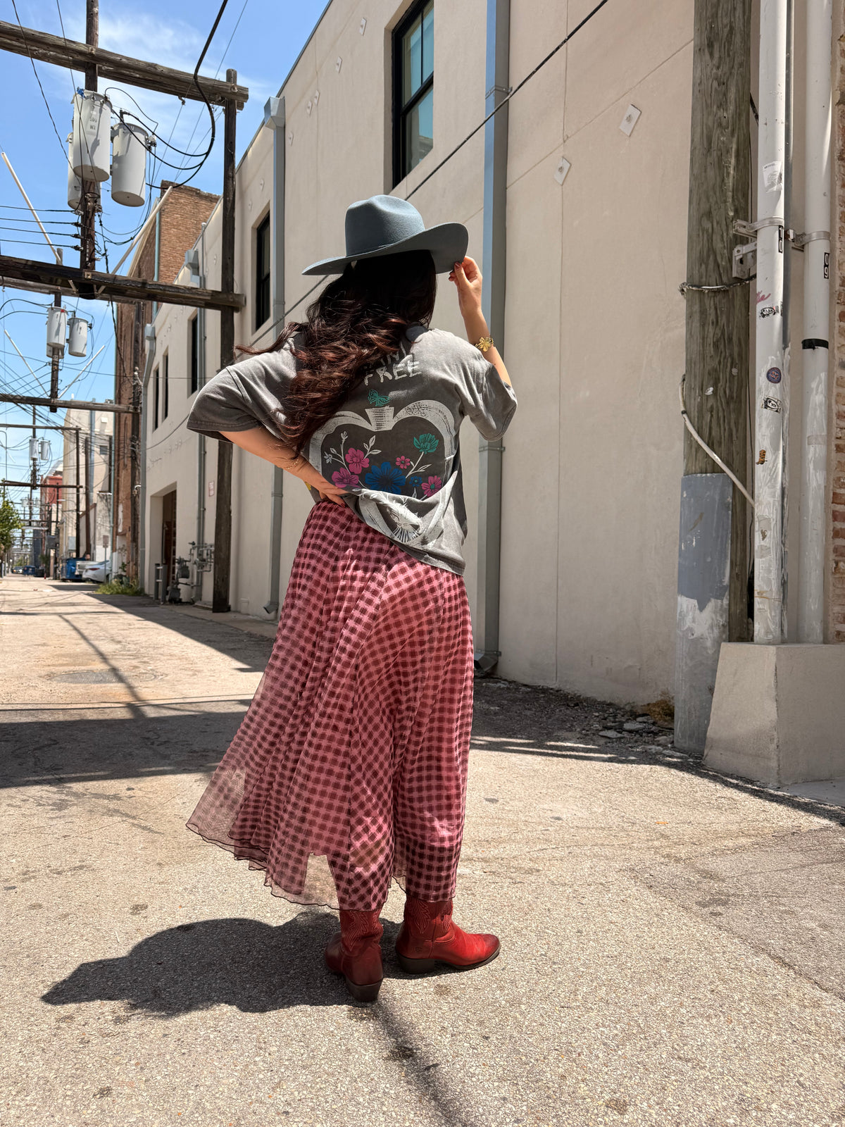 Pink and Brown Printed Mesh Long Skirt