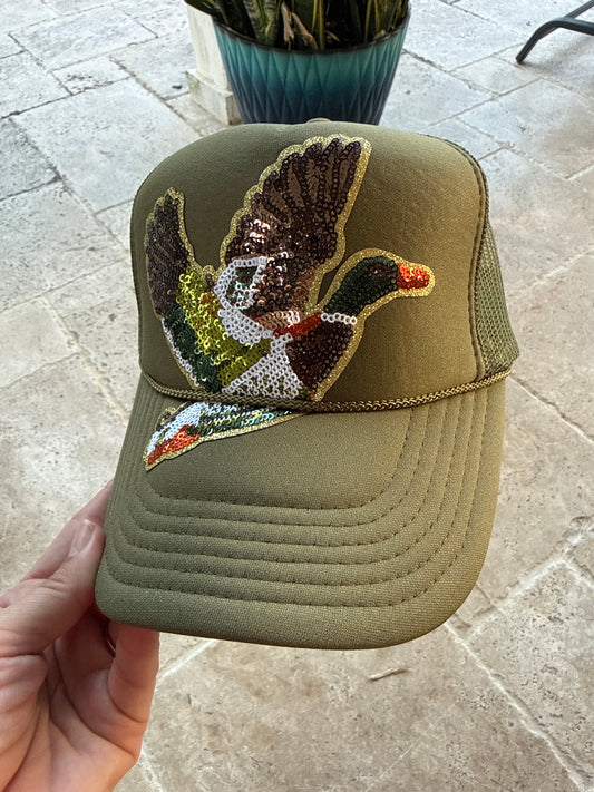 Olive Sequin Mallard Trucker Hat