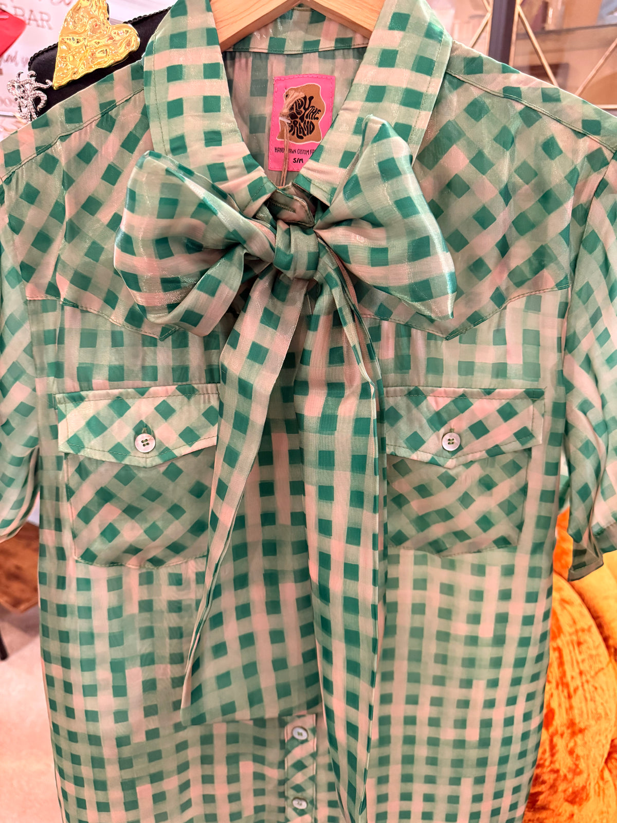 LAUREL GREEN GINGHAM MINI DRESS W/TIE-SMALL