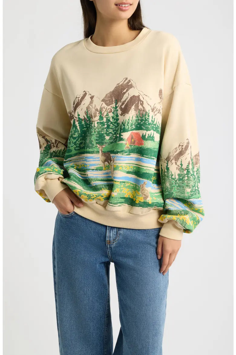 Campsite Scene Graphic Oversized Sweatshirt