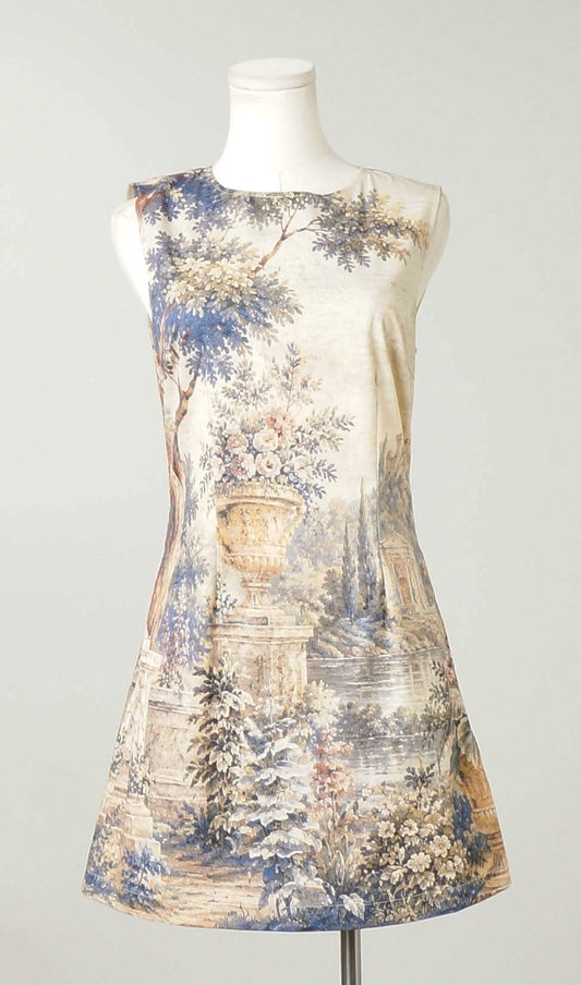 Garden Reverie Sleeveless Scenic Print Shift Dress