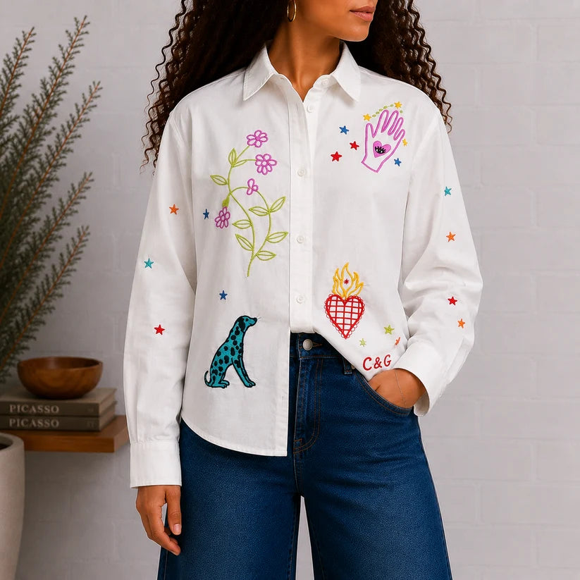 Plant the Seed Embroidered Cotton Button-Up Shirt
