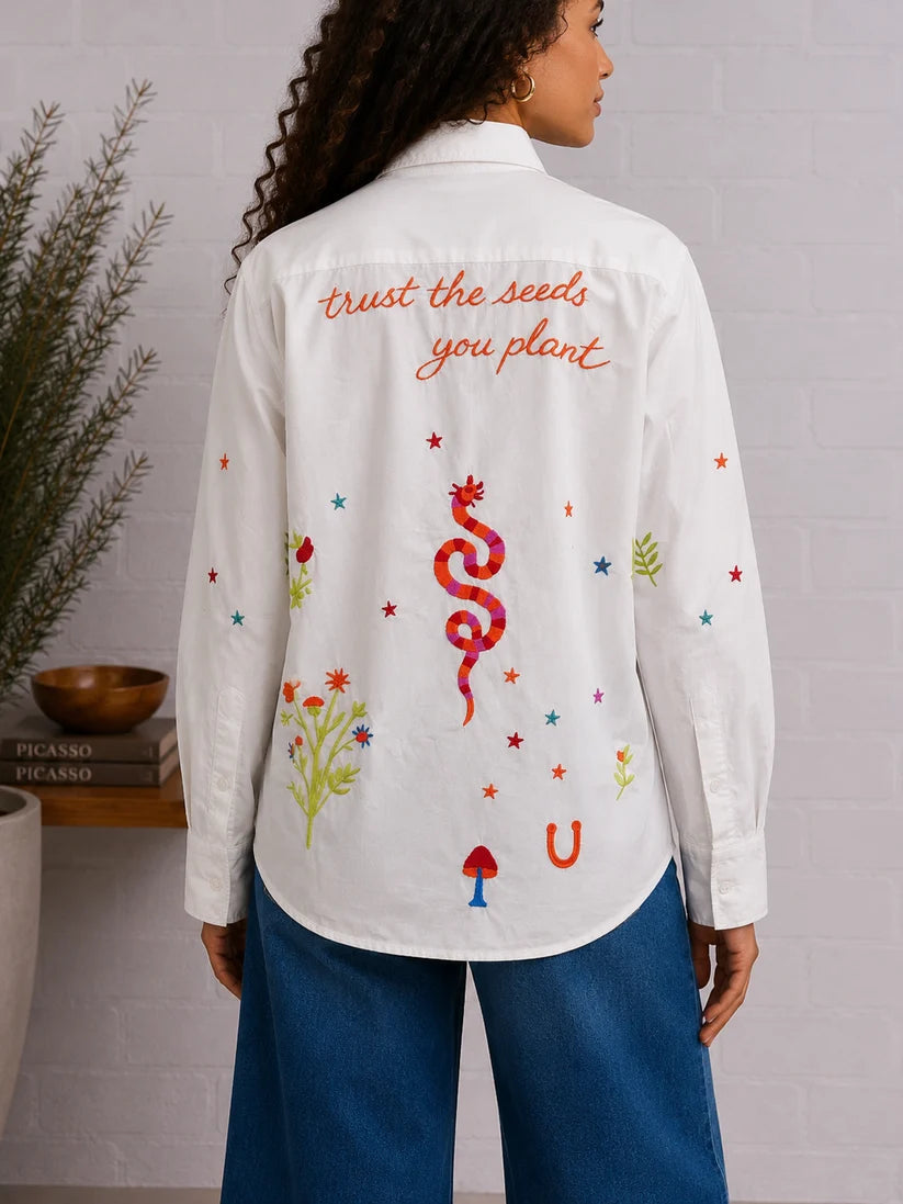 Plant the Seed Embroidered Cotton Button-Up Shirt