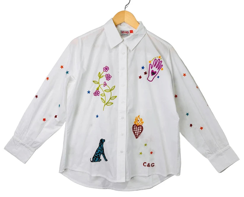 Plant the Seed Embroidered Cotton Button-Up Shirt