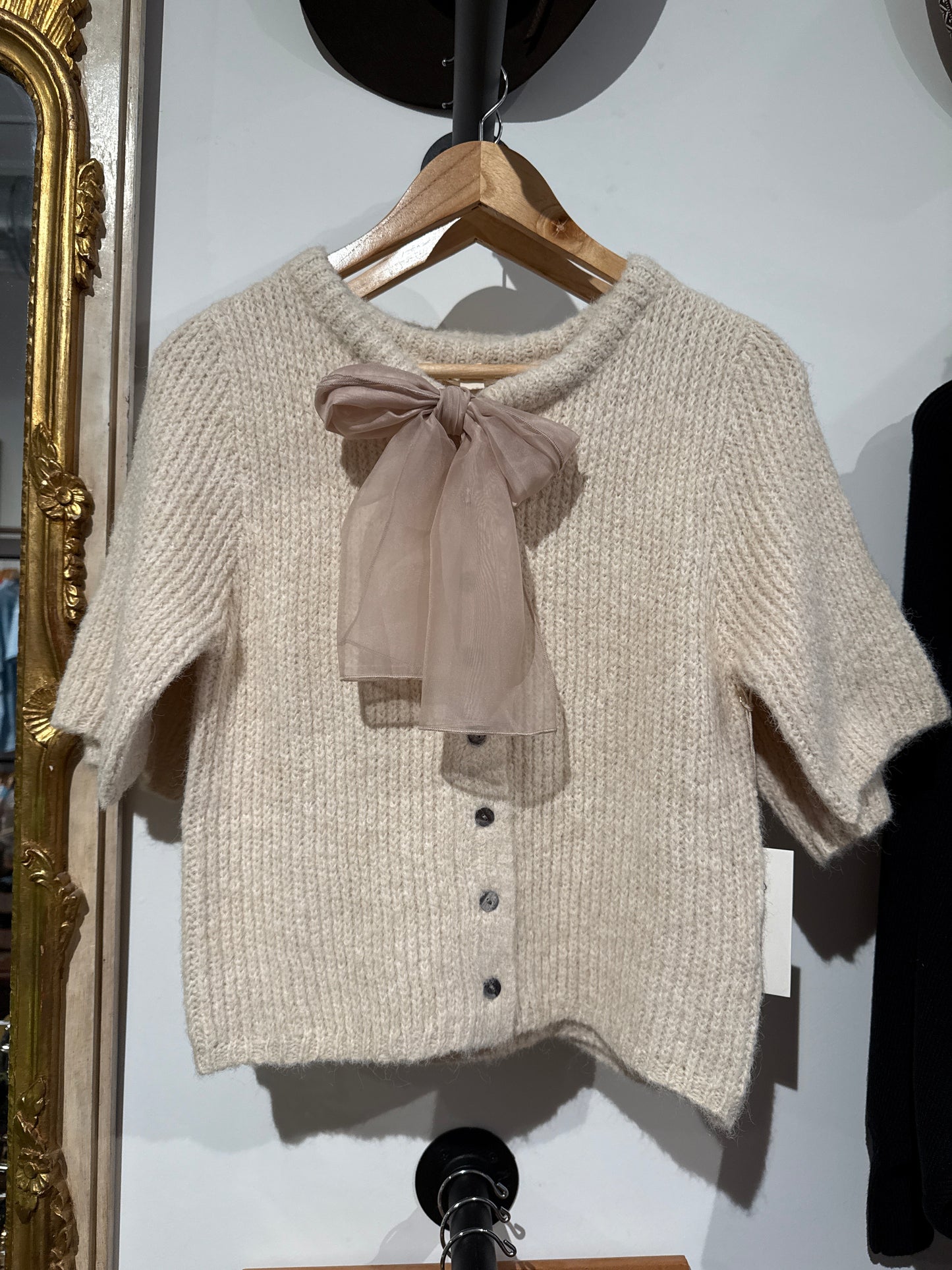 Beige Knit Cardigan with Chiffon Bow