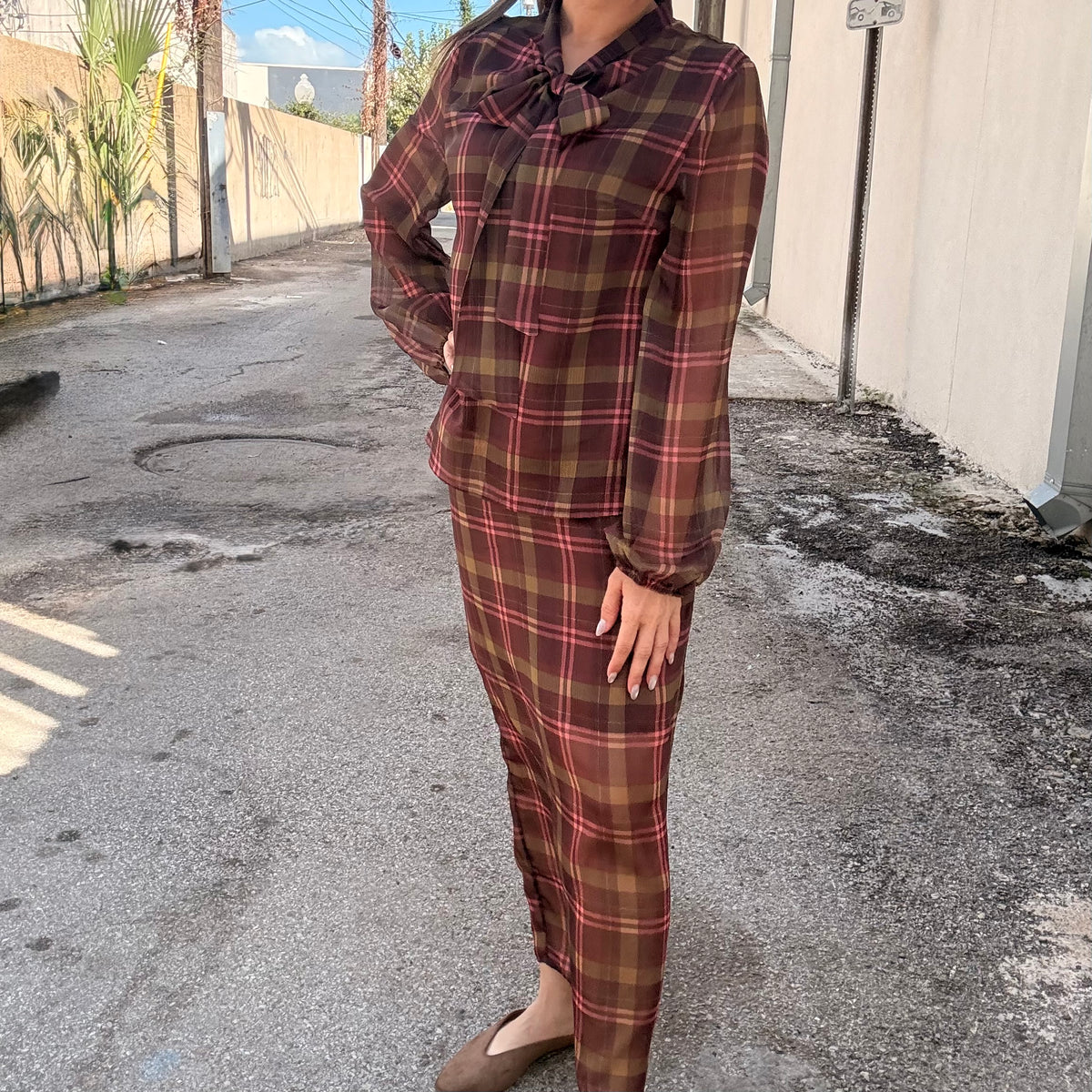 After Hours Sheer Plaid Midi Skirt (part of a set)