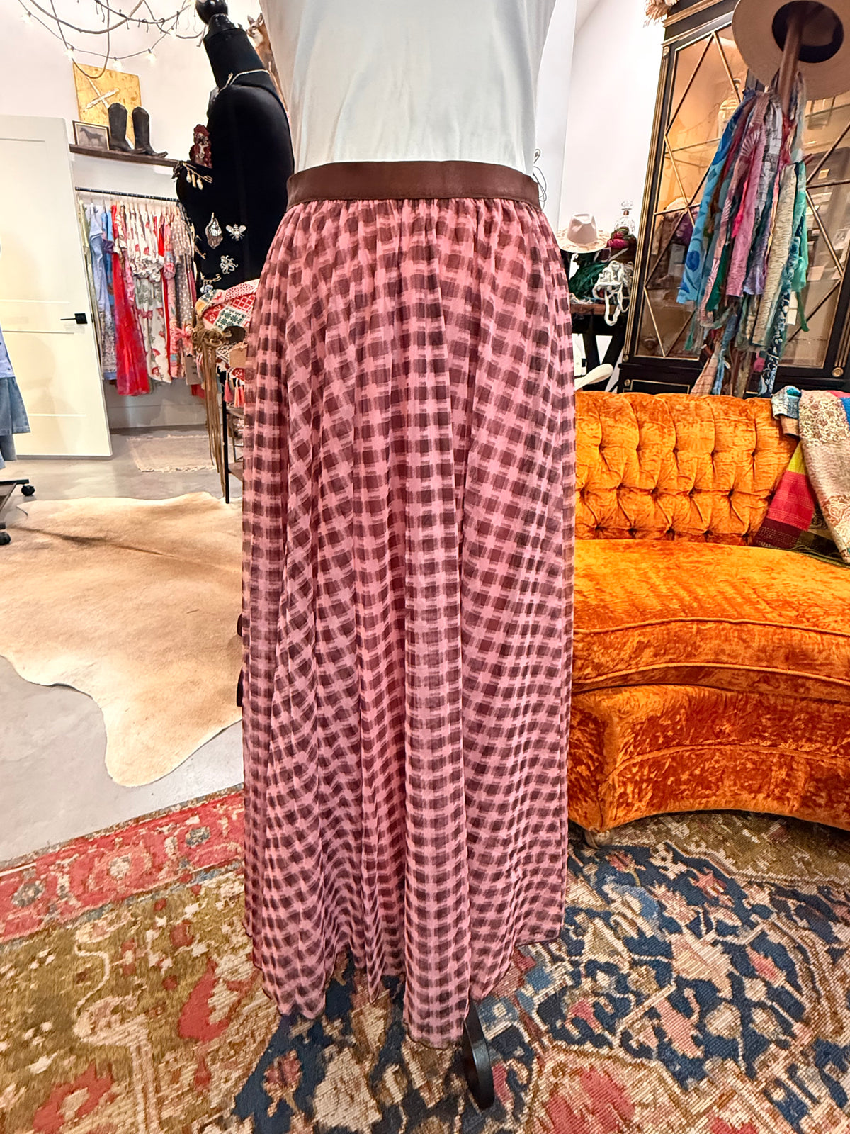 Pink and Brown Printed Mesh Long Skirt