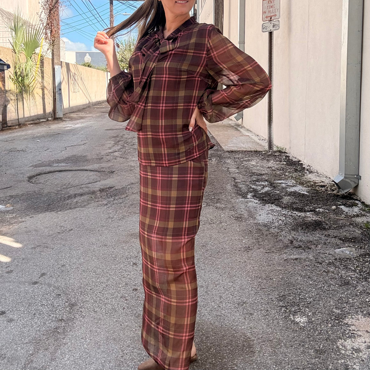 After Hours Sheer Plaid Midi Skirt (part of a set)