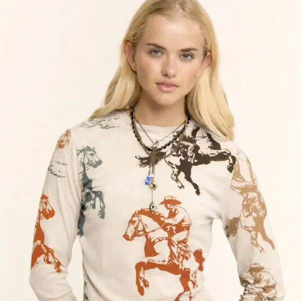 Western Horse Print Mesh Long Sleeve Top