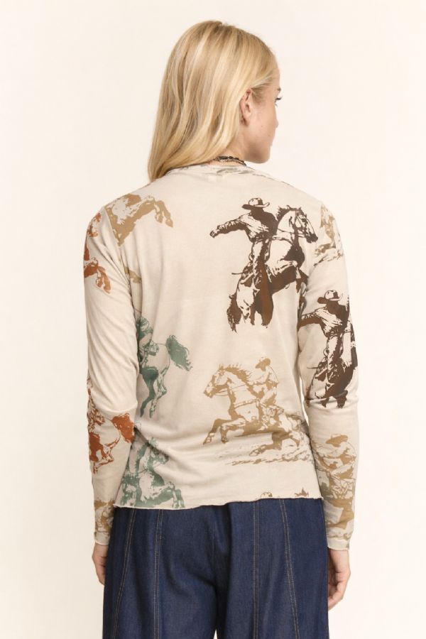 Western Horse Print Mesh Long Sleeve Top