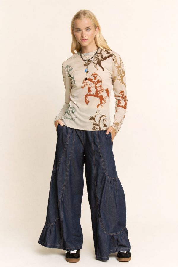 Western Horse Print Mesh Long Sleeve Top