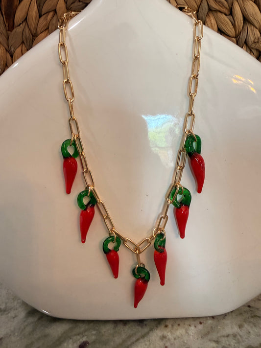 Glass Chili Pepper Charm Paperclip Necklace