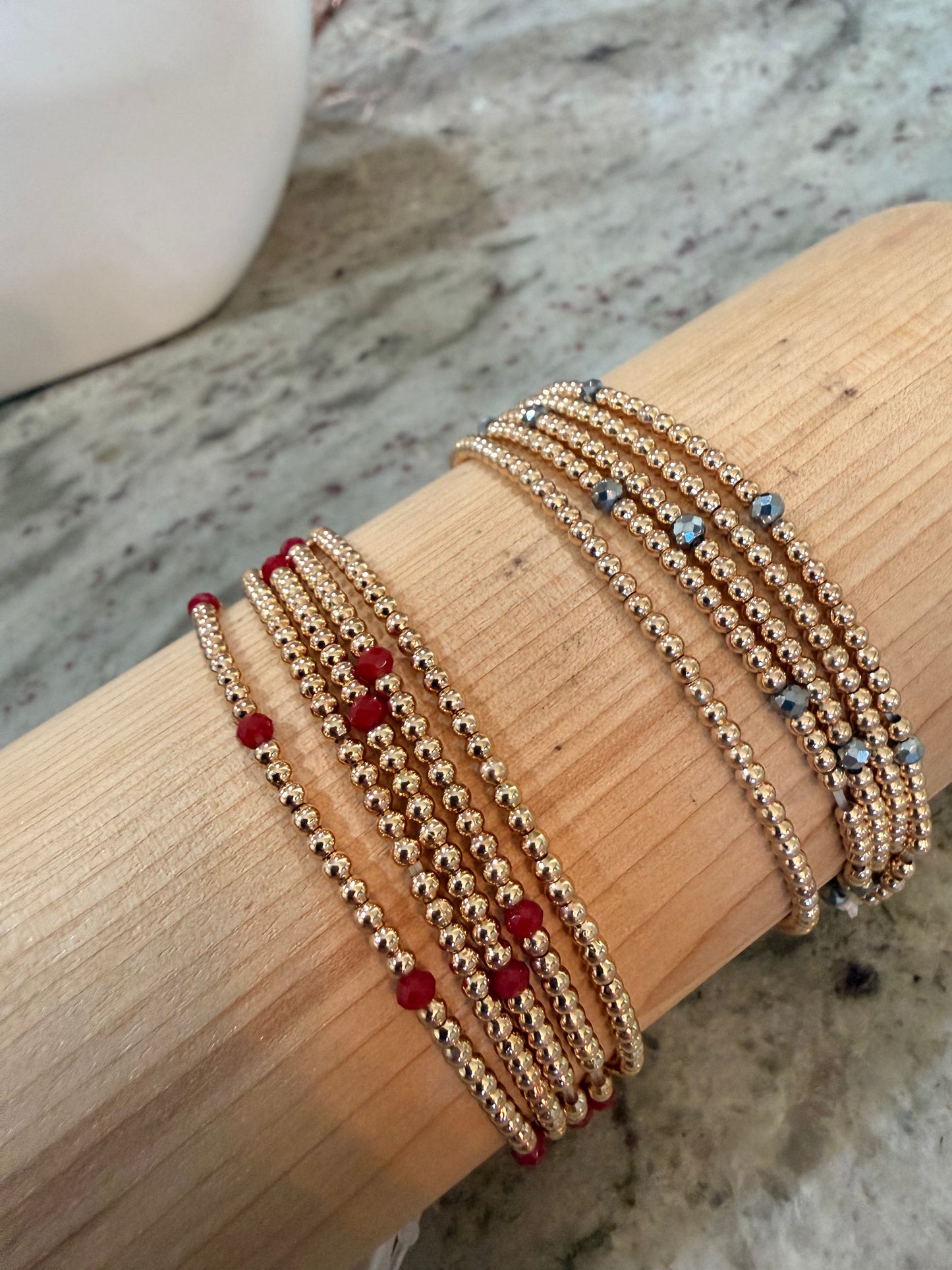 Mini Beaded Gold Stack Bracelets with Gem