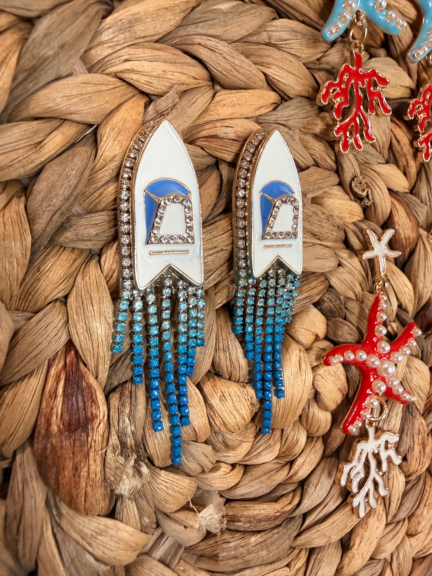 Enamel Boat with Rhinestone Water Earrings