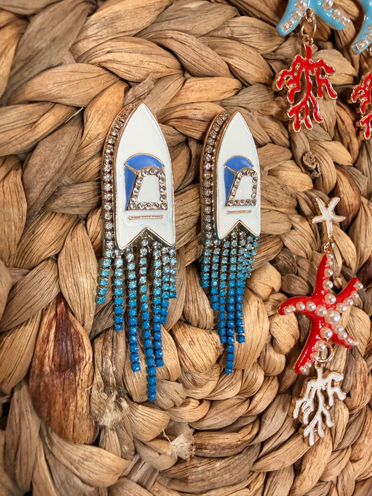 Enamel Boat with Rhinestone Water Earrings