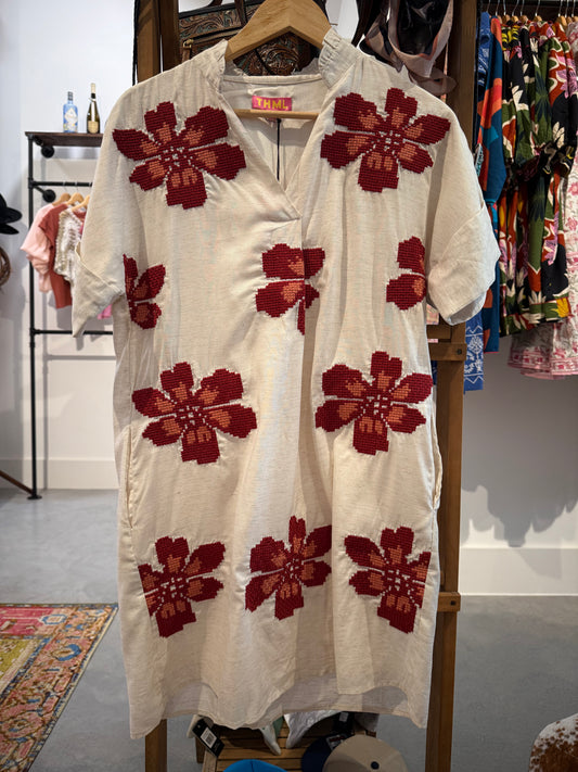 Crimson Bloom Embroidered Dress