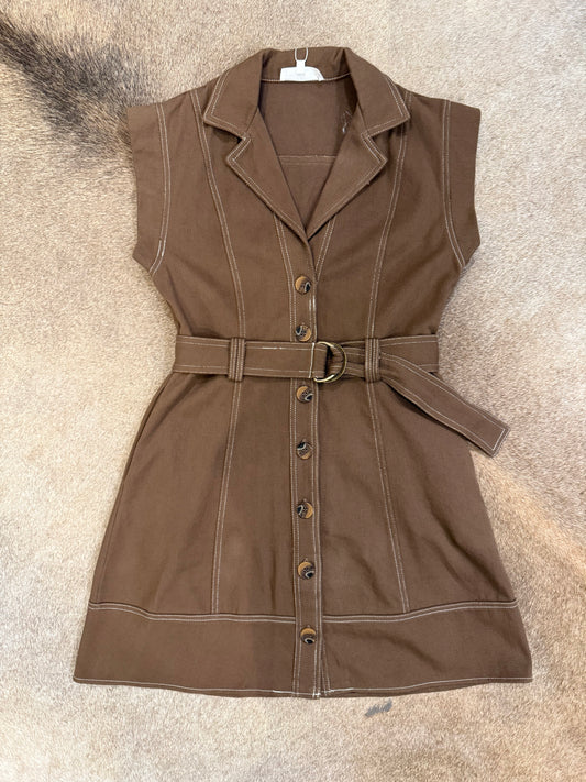 Brown Belted Mini Dress