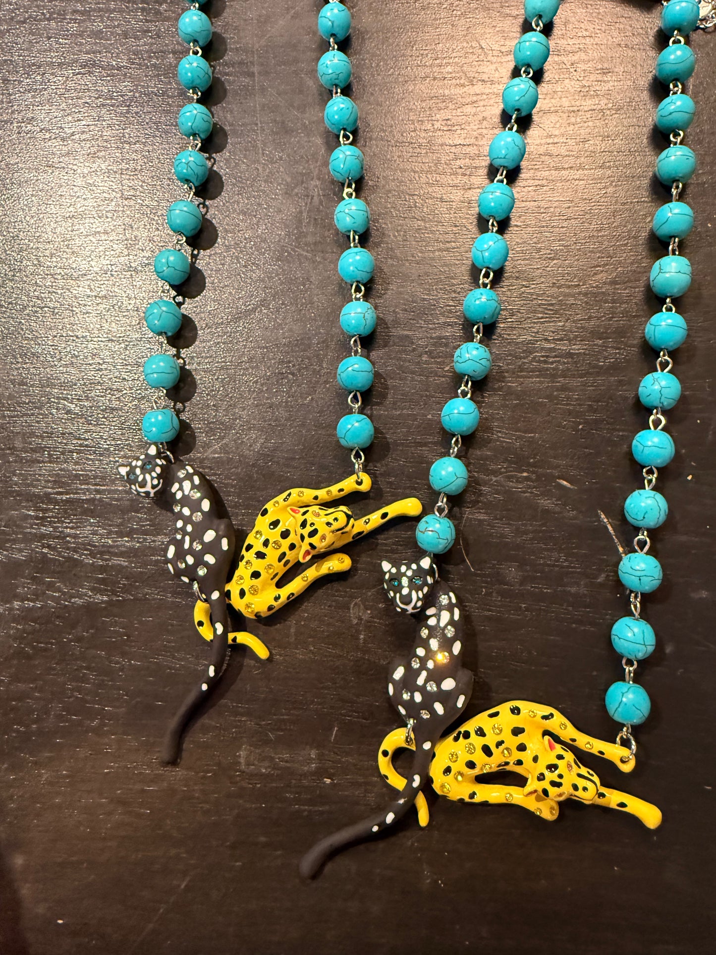 Yellow and Black Cheetahs with Turquoise Beads Necklace