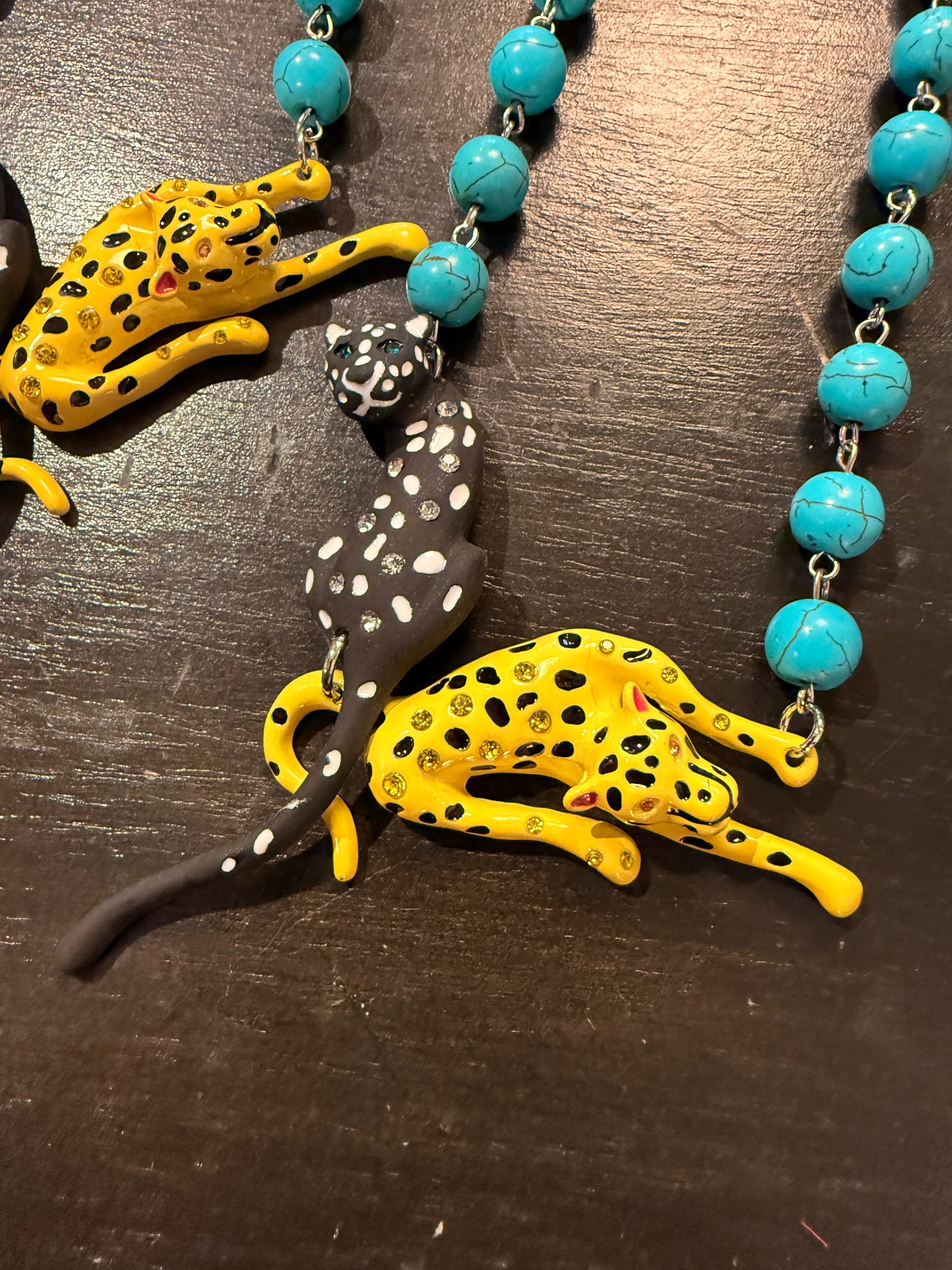 Yellow and Black Cheetahs with Turquoise Beads Necklace