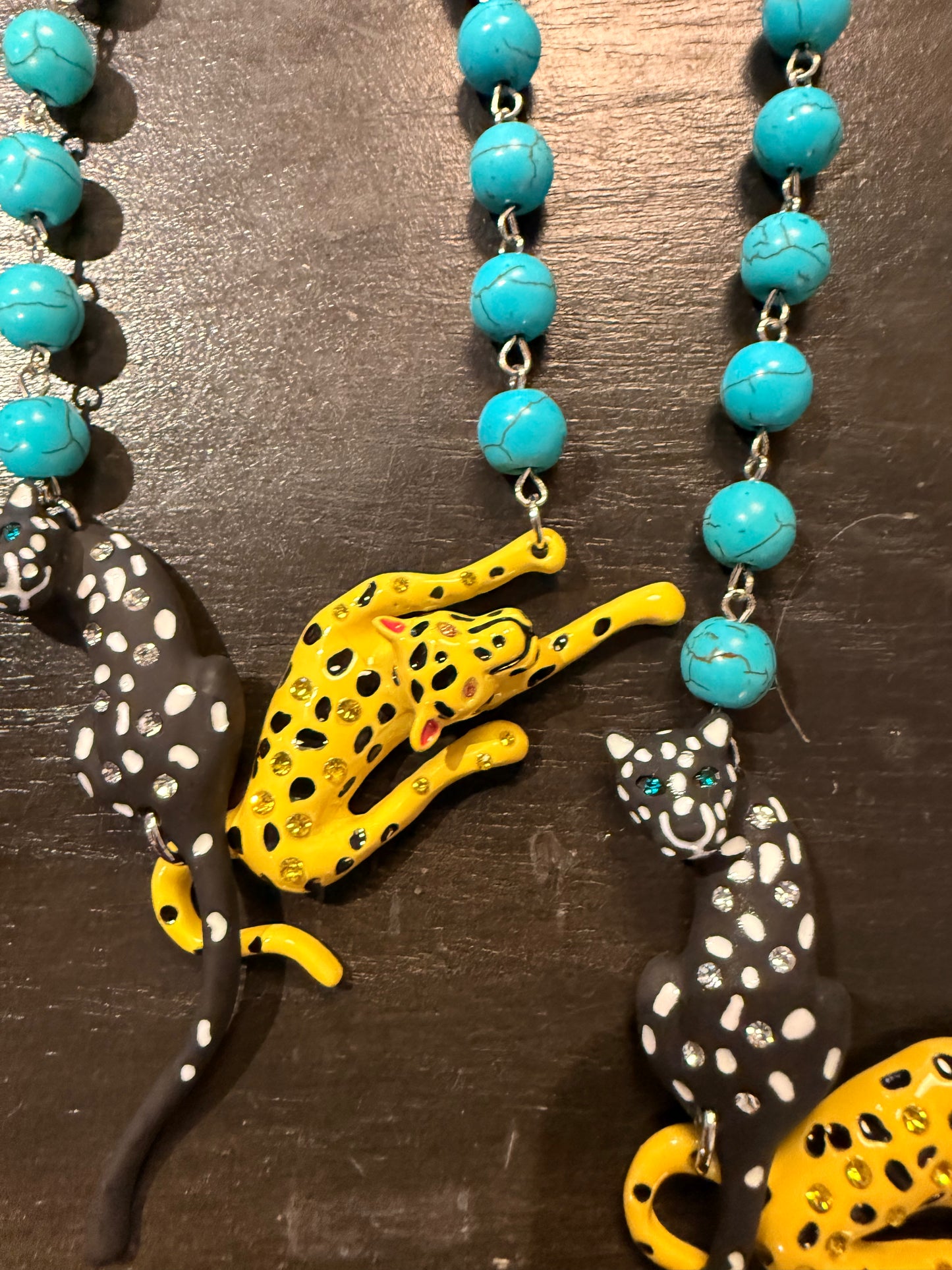 Yellow and Black Cheetahs with Turquoise Beads Necklace