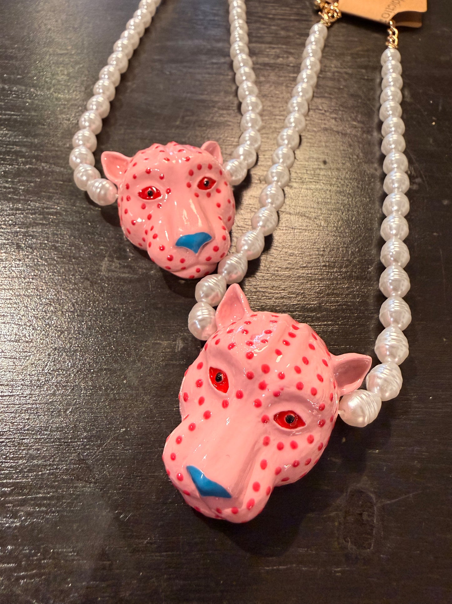 Pink Cheetah with Pearls Necklace