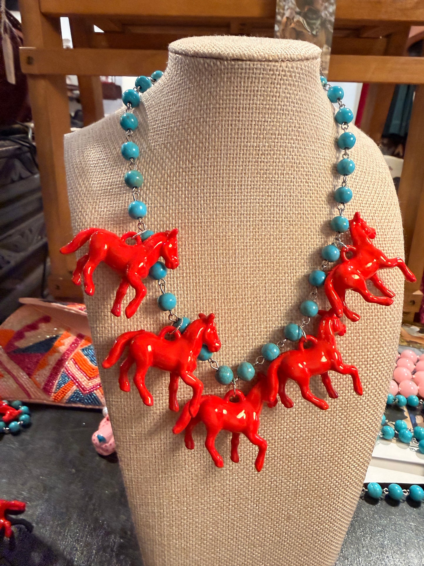 Red Horse with Turquoise Beads Necklace