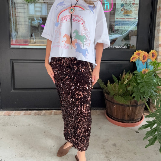 Harvest Glow Sequin Midi Skirt in Toasted Pecan