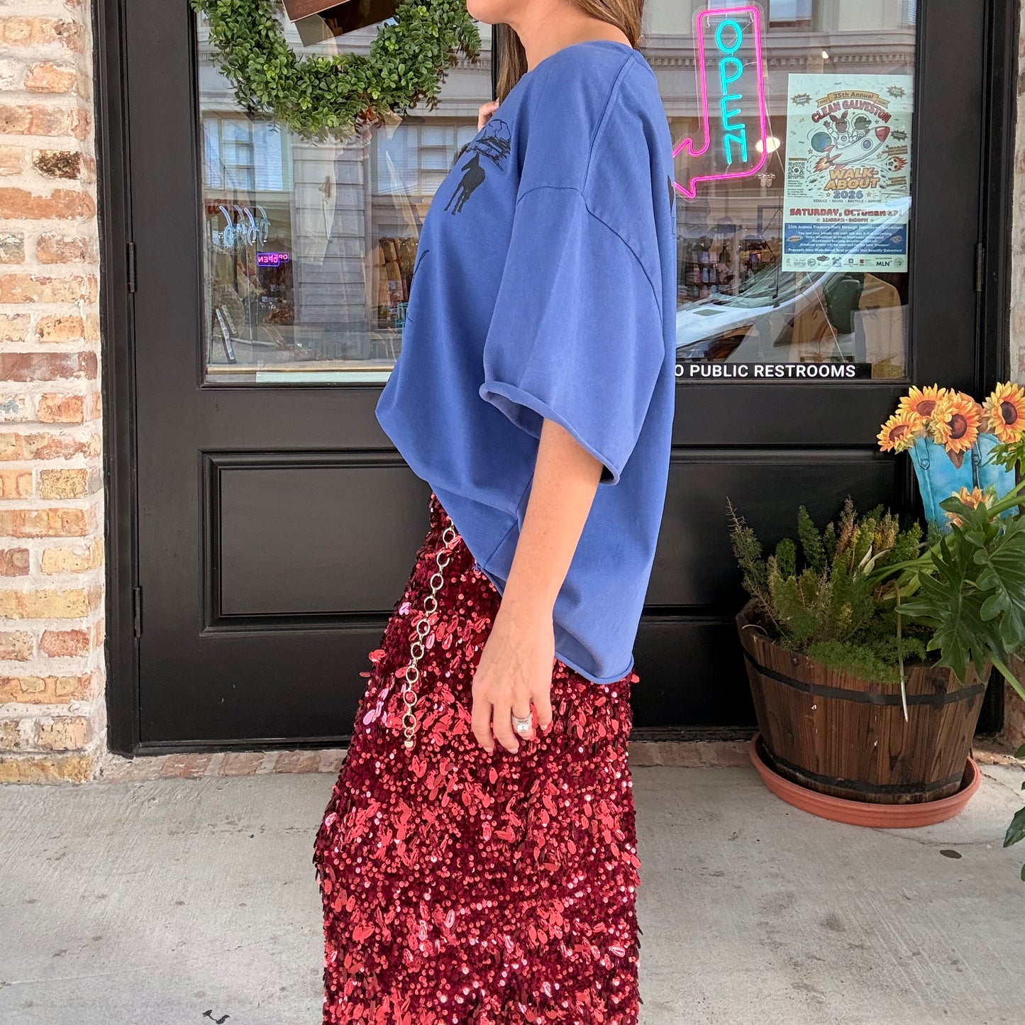 Harvest Glow Sequin Midi Skirt in Cranberry Kiss