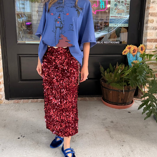 Harvest Glow Sequin Midi Skirt in Cranberry Kiss