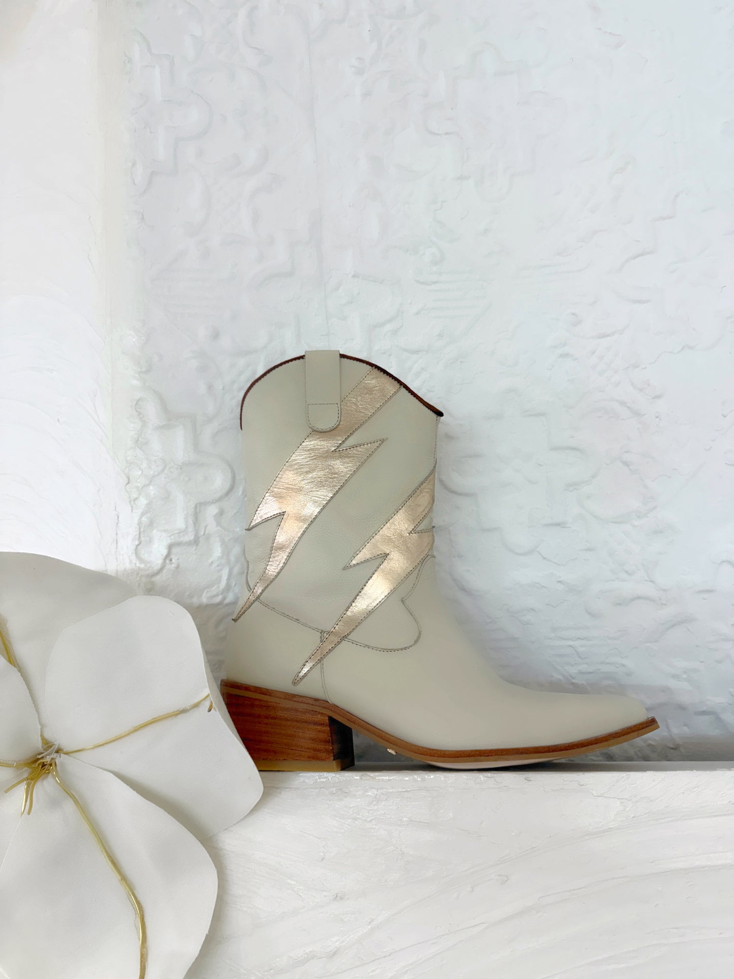 Idol Western Cowboy Boots - Off white & Gold Metallic Leather