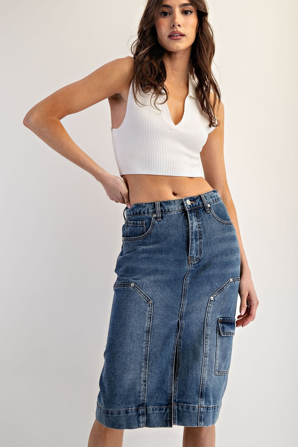 Mineral Washed Denim Midi Skirt