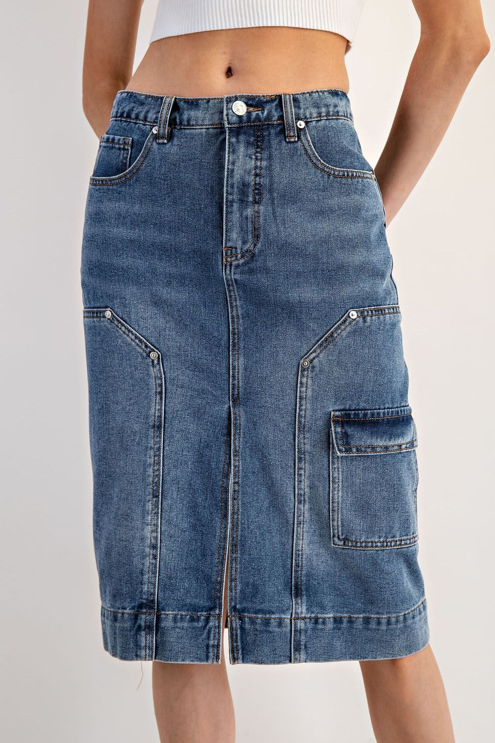 Mineral Washed Denim Midi Skirt