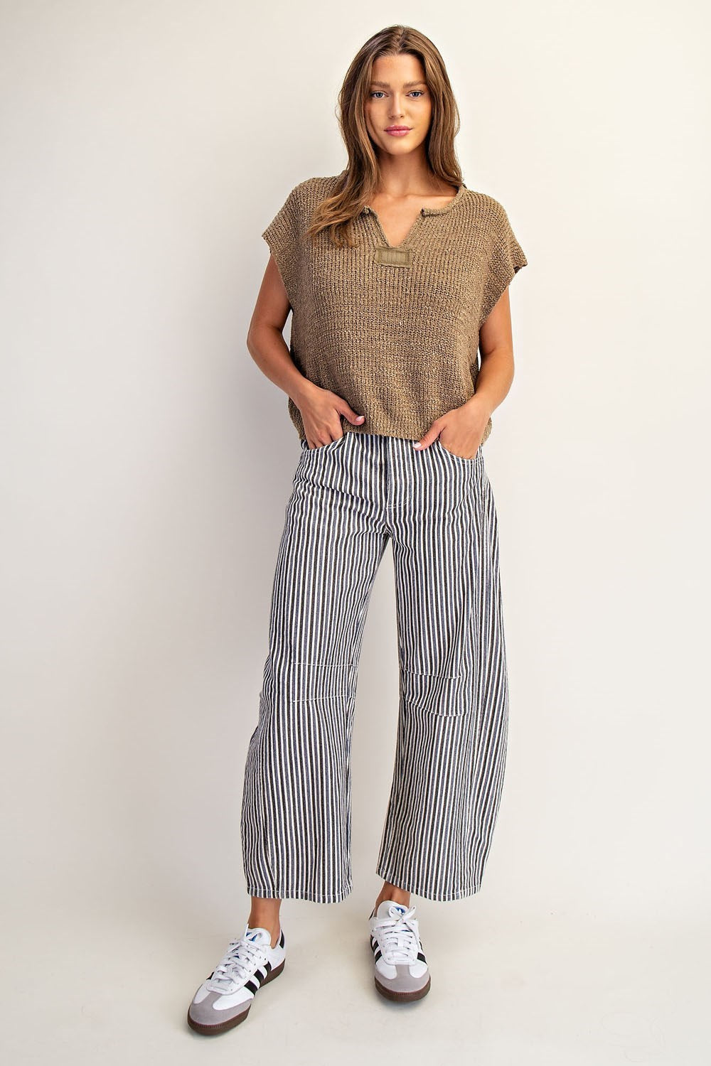 Solid Cap Sleeve Notched Neck Knit Sweater