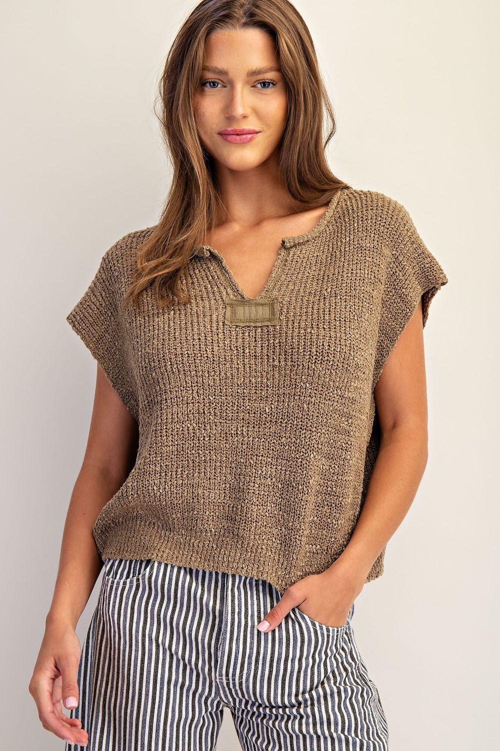 Solid Cap Sleeve Notched Neck Knit Sweater