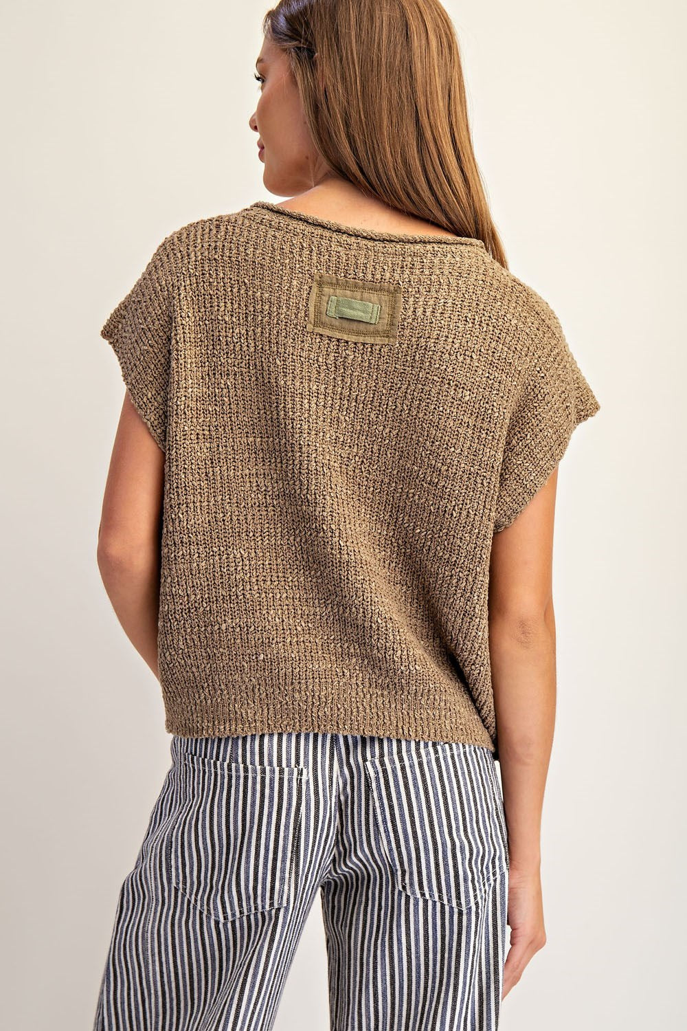 Solid Cap Sleeve Notched Neck Knit Sweater