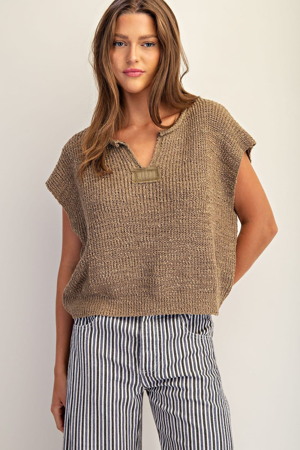 Solid Cap Sleeve Notched Neck Knit Sweater