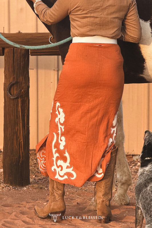 Camel Boot Stitch Embroidered Snap-Front Western Maxi Skirt