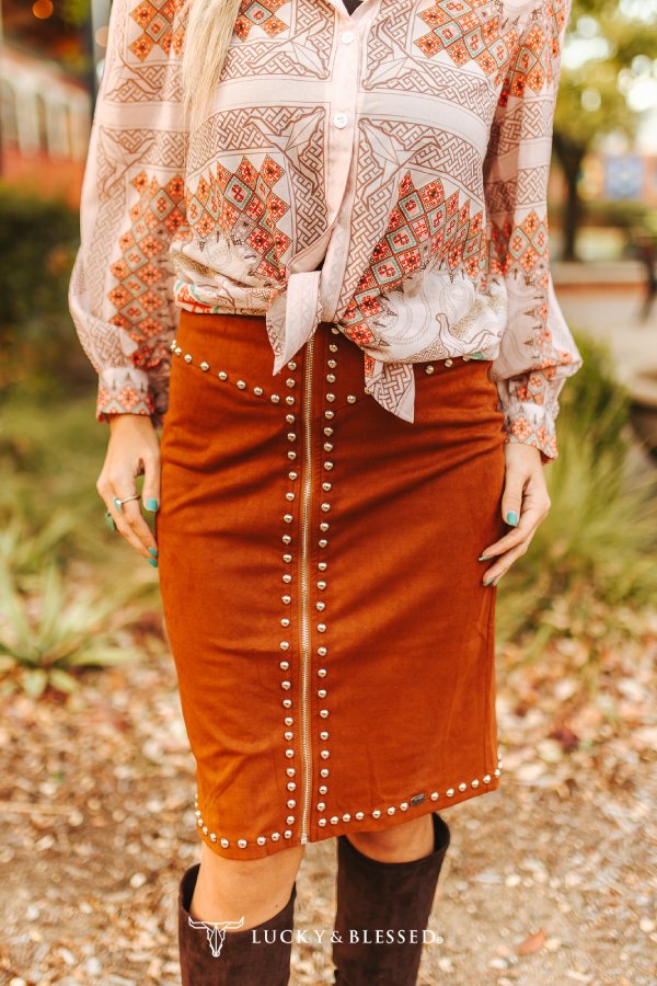 Camel Stretch Studded Suede Zip Front Pencil Skirt