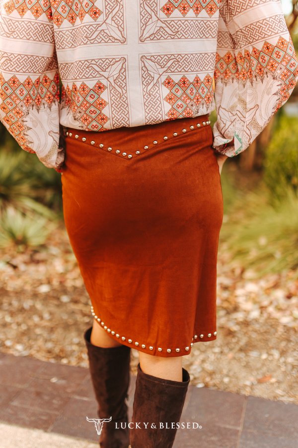 Camel Stretch Studded Suede Zip Front Pencil Skirt