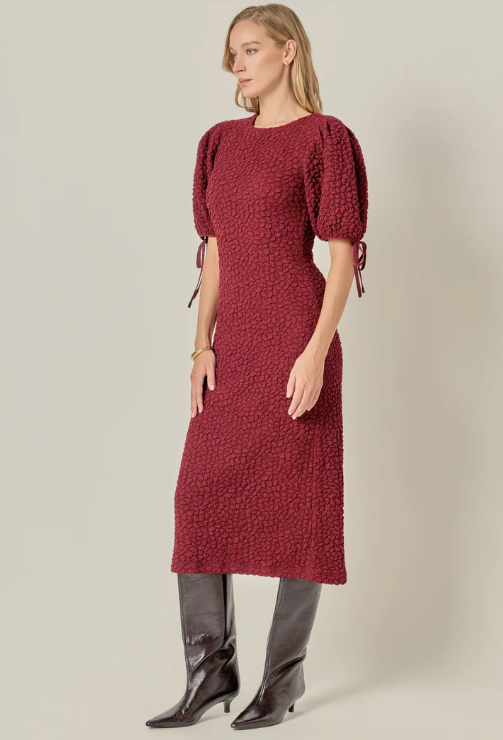 Burgundy Smocked Midi Dress