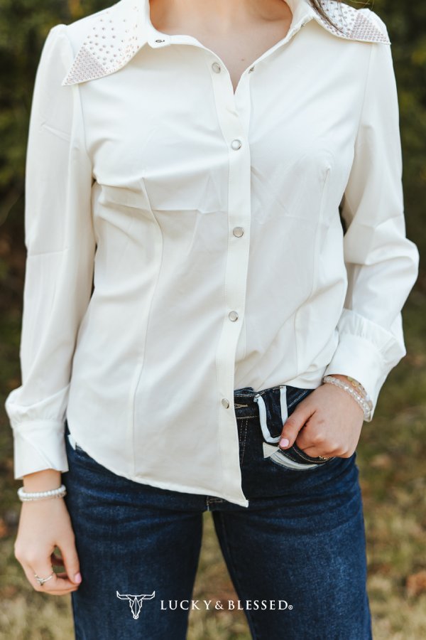 Ivory Long Sleeve Blouse W Rhinestone Collared Button Down Shirt