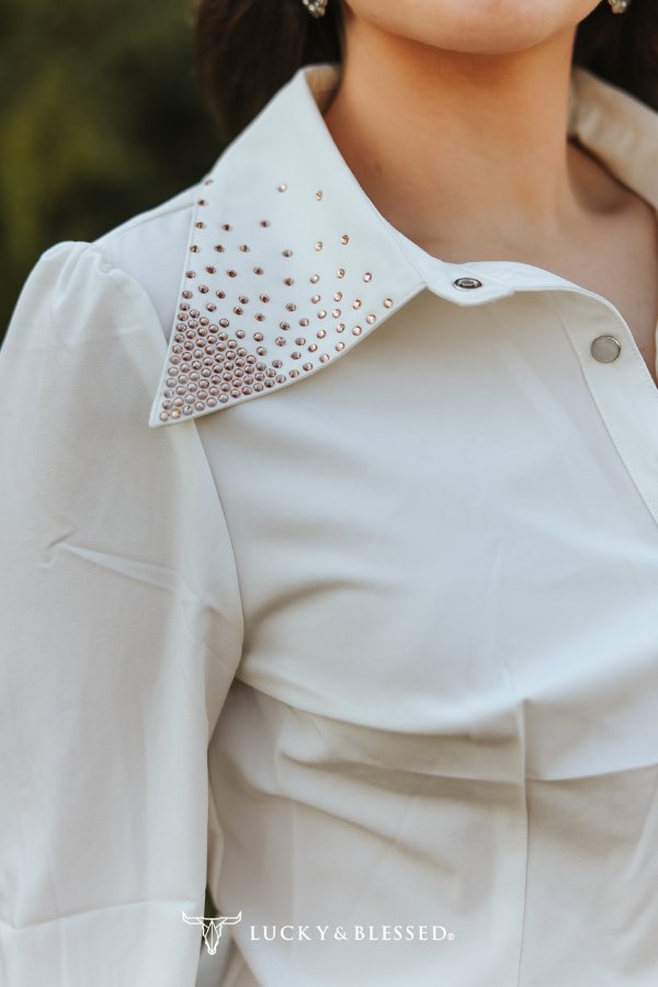 Ivory Long Sleeve Blouse W Rhinestone Collared Button Down Shirt