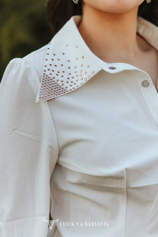 Ivory Long Sleeve Blouse W Rhinestone Collared Button Down Shirt