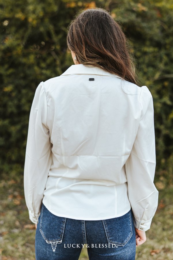 Ivory Long Sleeve Blouse W Rhinestone Collared Button Down Shirt