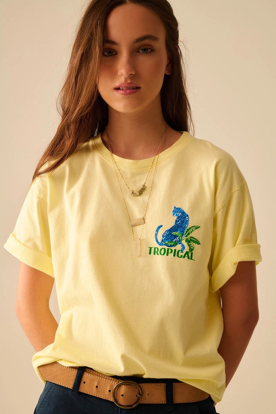 Yellow T-Shirt Made in Italy with Tropical Graphic Print