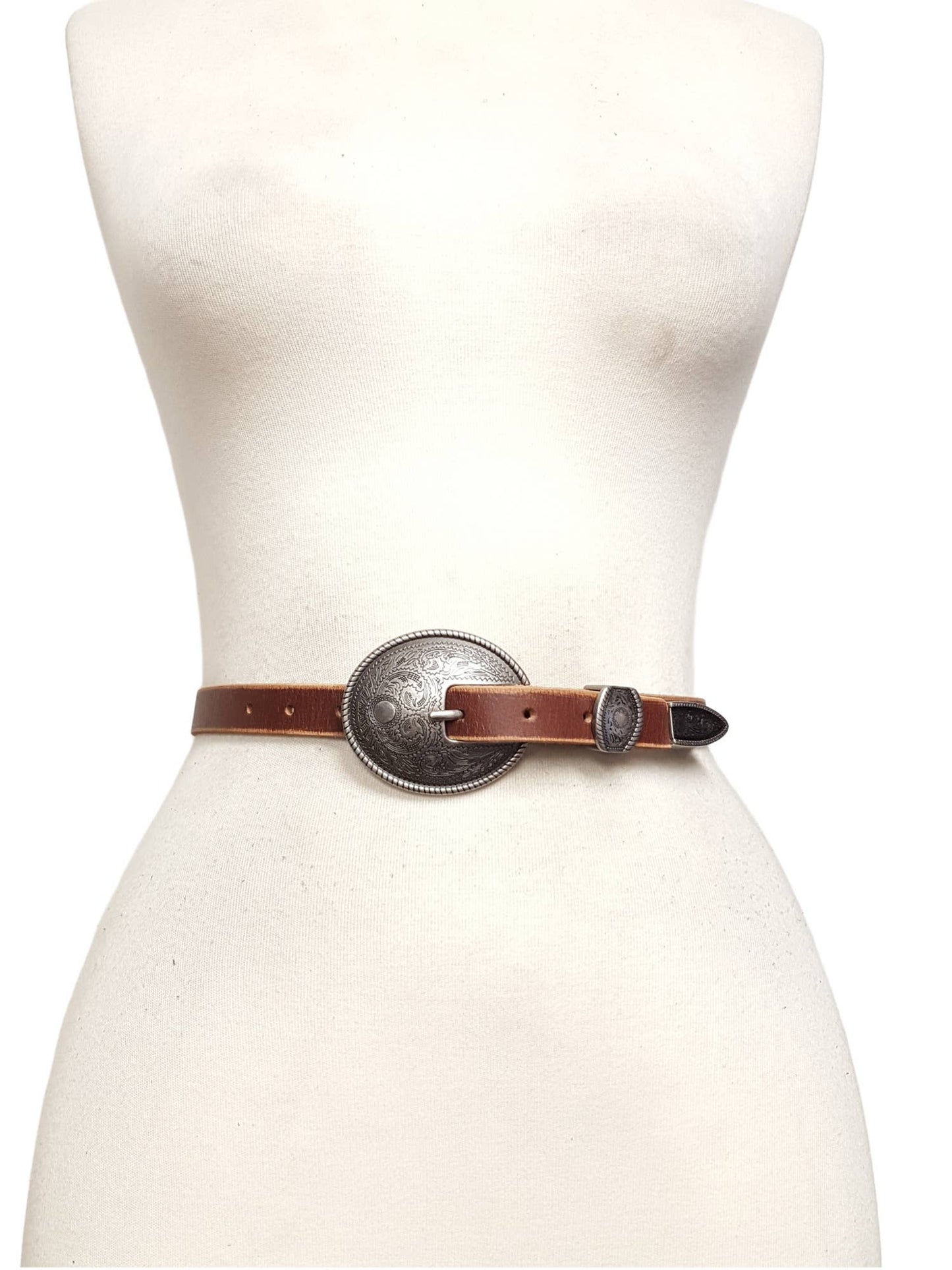Brown Vintage Skinny Leather Belt w.  antique silver floral buckle