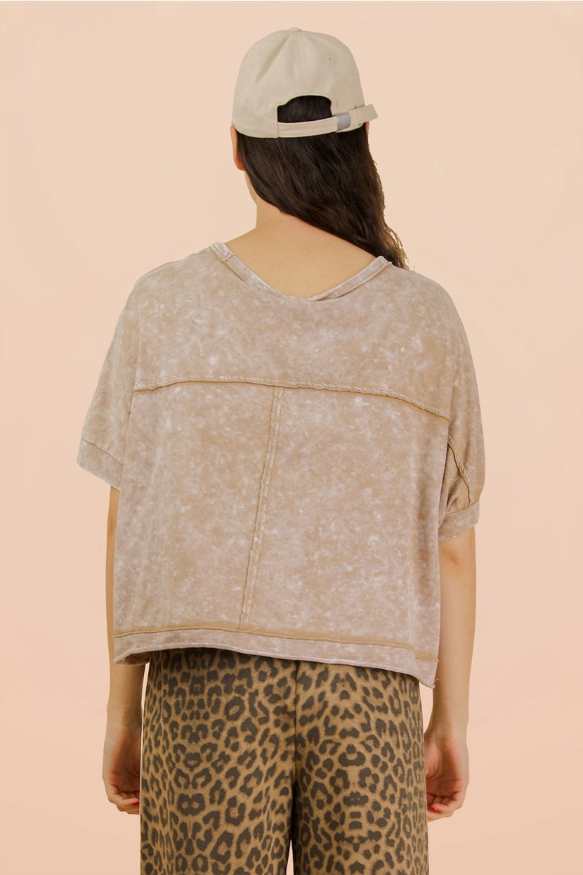 Taupe Mineral Washed Oversized Crop Comfy Knit Top