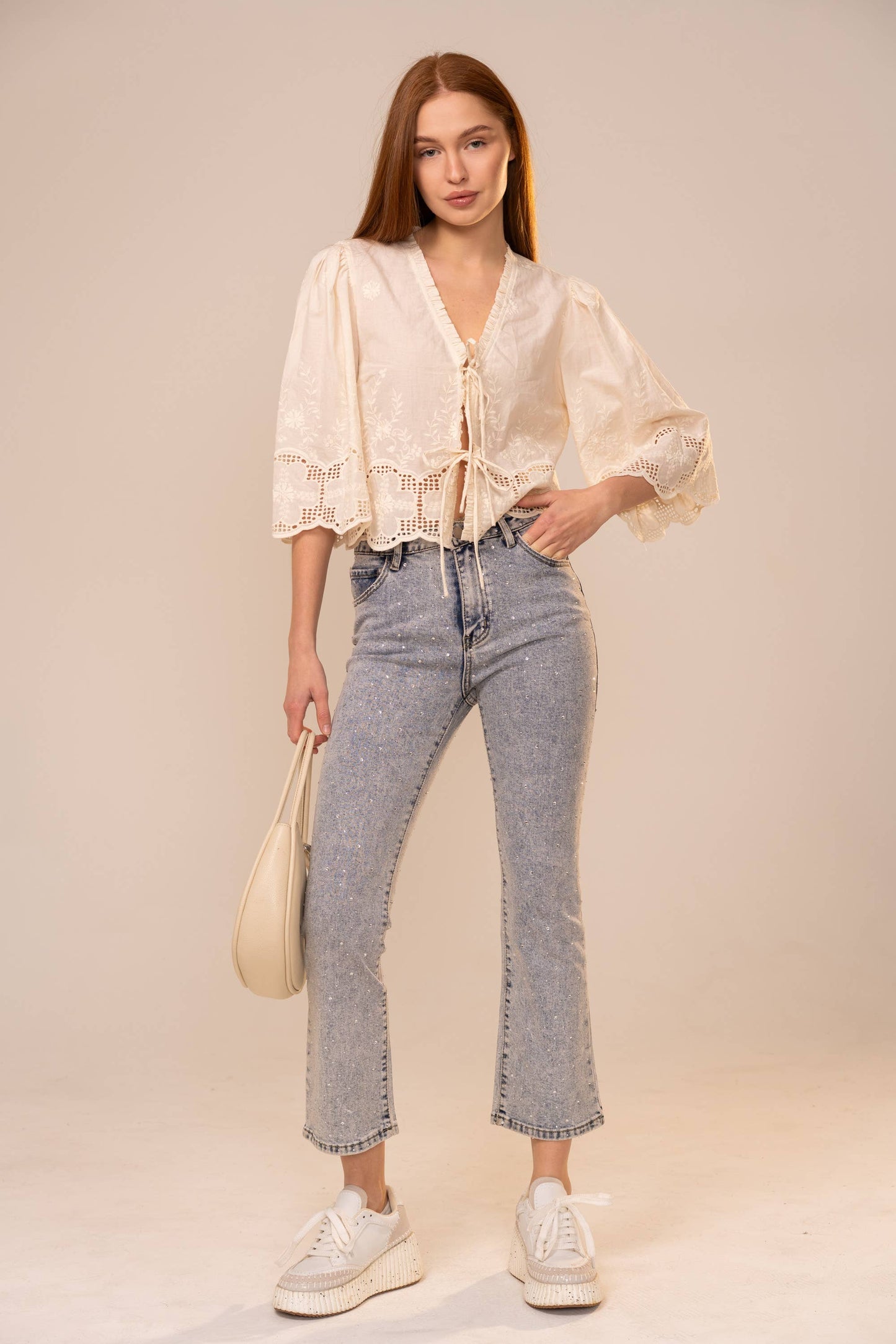 Ivory Puff Sleeve Embroidered Eyelet Tie Blouse