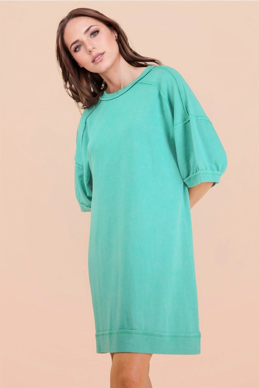 Sea Foam Mineral Washed French Terry Knit Casual Mini Dress