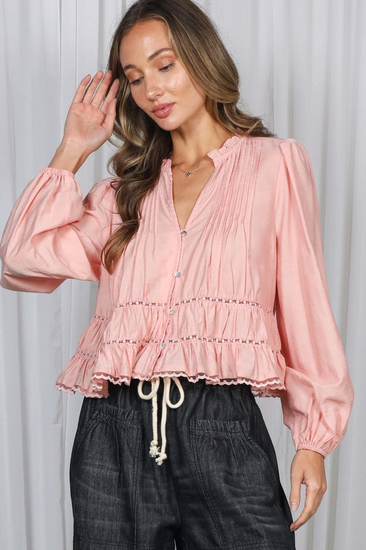 Blush Pink Pin-Tuck & Lace Embellished Romantic V-Neck Blouse